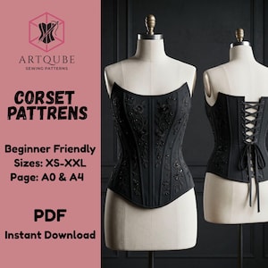 May include: A black corset with floral embroidery and beadwork displayed on two mannequins. The left mannequin shows the front view, while the right shows the back with a lace-up closure. Text includes ARTQUBE SEWING PATTERNS, CORSET PATTRENS, Beginner Friendly, Sizes: XS-XXL, Page: A0 & A4, PDF, and Instant Download.