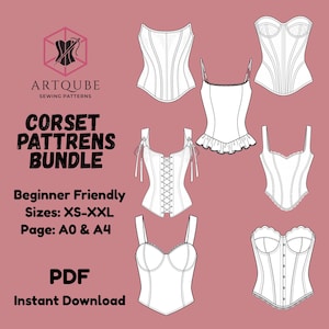 Puede incluir: Un paquete de patrones de costura digitales con seis diseños de corsé diferentes en líneas negras sobre un fondo rosa polvoriento. El texto incluye ARTQUBE SEWING PATTERNS, CORSET PATTRENS BUNDLE, Beginner Friendly, Sizes: XS-XXL, Page: A0 & A4, PDF, Instant Download.