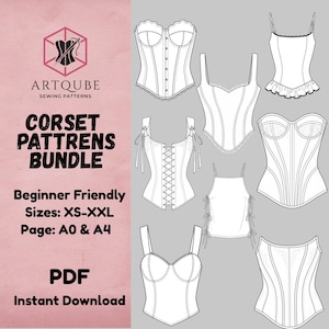 Puede incluir: Un paquete de patrones de costura digitales que presenta siete diseños de corsé distintos en arte lineal en blanco y negro. El texto dice ARTQUBE SEWING PATTERNS, CORSET PATTRENS BUNDLE, Beginner Friendly, Sizes: XS-XXL, Page: A0 & A4, PDF, Instant Download.