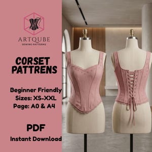 May include: A dusty rose corset top displayed on two mannequins, showing front and back views. The front features a sweetheart neckline and scalloped trim. The back includes a lace-up closure with ribbon ties. Text reads ARTQUBE SEWING PATTERNS.