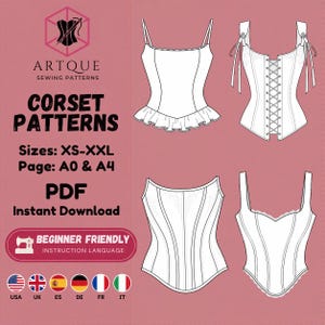 May include: A digital sewing pattern set for four different corset styles on a pink background. Text includes ARTQUE SEWING PATTERNS, CORSET PATTERNS, Sizes: XS-XXL, Page: A0 & A4, PDF, Instant Download, and BEGINNER FRIENDLY.