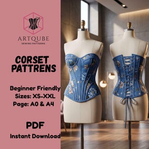 May include: A blue floral corset displayed on two mannequins, showing front and back views. Text reads: ARTQUBE SEWING PATTERNS, CORSET PATTRENS, Beginner Friendly, Sizes: XS-XXL, Page: A0 & A4, PDF, Instant Download. The back features a lace-up closure.