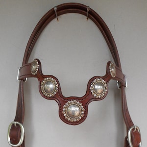 May include: A brown leather horse bridle with silver-colored conchos and buckles. The bridle features decorative silver studs with a floral design. The leather is a rich, warm brown color, and the hardware is silver.