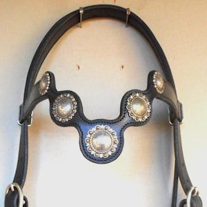 May include: Black leather horse bridle with silver-colored conchos. The bridle features decorative silver accents and buckles. The headstall and cheek pieces are adorned with multiple silver conchos. The bridle is designed for equestrian use.