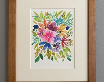 オリジナルの花の水彩画：ガラスの花瓶に入ったカラフルな花、6x9