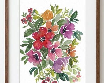オリジナルの花の水彩画：ガラスの花瓶に入ったカラフルな花、6x9