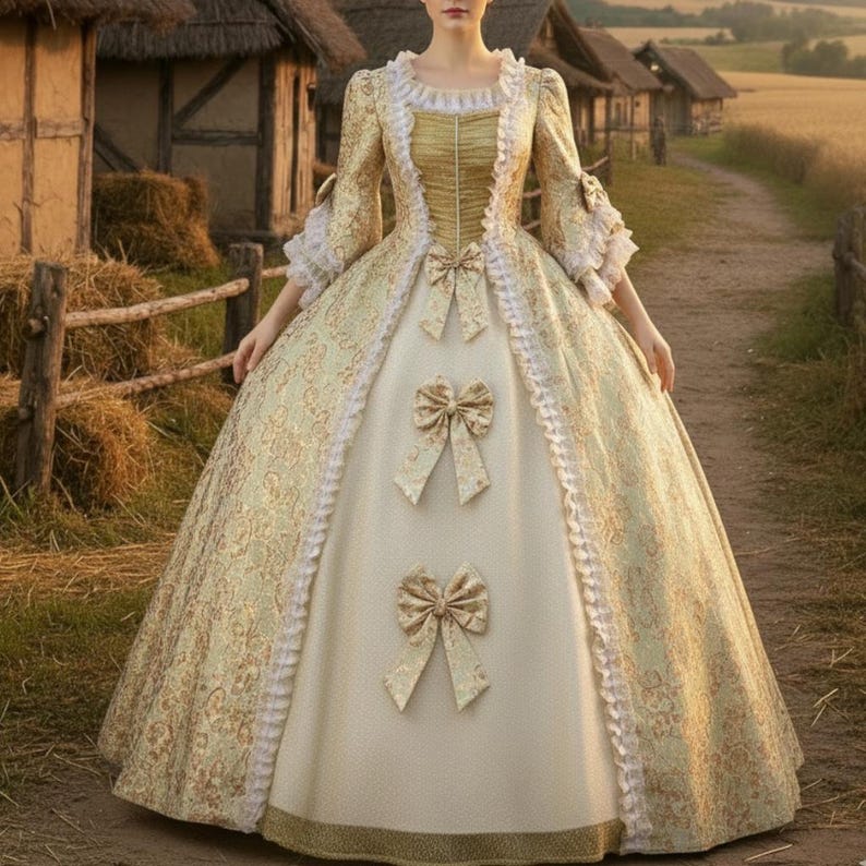 Bestidos Rococo Elegante vestido de gala rococó: vestido de brocado floral crema y ...