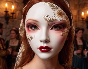 Máscara veneciana blanca con filigrana dorada y detalles florales - Elegante máscara medieval de fantasía para baile de graduación, boda o cosplay.