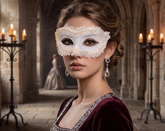 Máscara de baile de máscaras veneziana de renda branca com pérolas, elegante e medieval, estilo renascentista, para mulheres, ideal para bailes, festas góticas, noivas e formaturas.