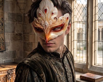 Phoenix Masquerade Mask for Men, Medieval Bird Fantasy Cosplay Accessory, Renaissance Ball Mask, Artisan Filigree Venetian Mask, Orange