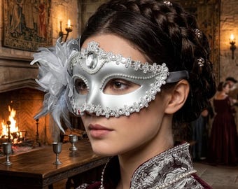Silver Masquerade Mask with Feathers, Filigree Rhinestone Eye Mask for Medieval Renaissance Ball, Prom Party Venetian Costume Accessory