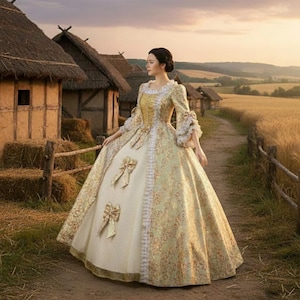 Könnte beinhalten: Eine Frau in einem langen, verzierten Kleid mit weitem Rock und langen Ärmeln steht auf einem Feldweg. Das Kleid hat ein cremefarbenes Oberteil mit goldenen Akzenten und floralen Mustern. Der Hintergrund zeigt strohgedeckte Gebäude und ein Weizenfeld.