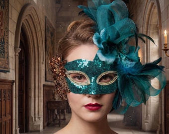 Gold Sequin Masquerade Mask with Feathers and Yellow Flower, Renaissance Medieval Fantasy Ball Eye Mask for Party, Cosplay and Festival