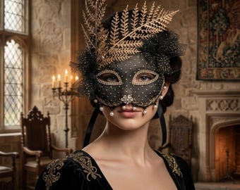 Medieval Masquerade Mask Black Gold Fern Leaf Renaissance Gothic Ball Pearl Rhinestone Mystery Mask Festival Cosplay Headpiece Elegance