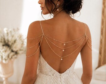 Gold Pearl Shoulder Necklace, Silver Bridal Shoulder Jewelry, Shoulder Chain, Wedding Statement Necklace, Wedding Back Drop Jewelry