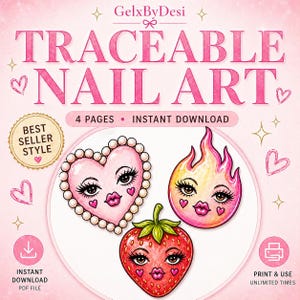 Op de afbeelding: Roze digitale download met de tekst "TRACEABLE NAIL ART" en illustraties van een hart, vlam en aardbei met gezichten. Bevat de tekst "4 PAGES • INSTANT DOWNLOAD" en "BEST SELLER STYLE".