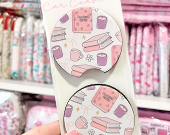 Bookish Car Coasters | Pink Reader, Coffee & Books