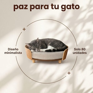 Puede incluir: Un gato gris y blanco durmiendo en una cama redonda para mascotas con marco de madera clara y cojín beige. La imagen incluye el texto: Un santuario de paz para tu gato, Diseño minimalista, Solo 80 unidades, Cama Nara, DESCUBRIR AHORA, Acabado en chapa de fresno. Cojín desenfundable.