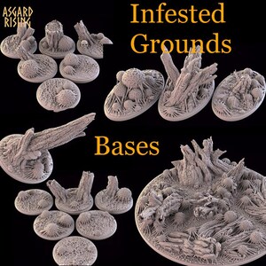May include: A collection of grey miniature gaming bases labeled Asgard Rising Infested Grounds Bases. The set includes various circular and oval bases featuring textured surfaces with sculpted tree stumps, organic web-like growths, and small spherical clusters.