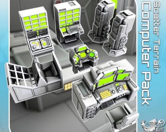 May include: A collection of gray and white miniature computer terrain pieces with green illuminated screens and panels. The set includes various computer consoles, control panels, and a chair. The text "Scatter Terrain Computer Pack" is visible on the right side.