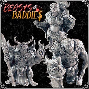 May include: Three detailed, gray fantasy figurines of monstrous characters. The figures include a horned creature with a staff, a female figure, and a muscular beast. The words "BEASTS & BADDIES" are in the upper left corner.