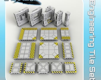 May include: A set of gray and yellow engineering tiles and wall panels. The tiles have a grid pattern with yellow and black diagonal stripes. The wall panels are gray with detailed architectural features. The image includes the text "STARSHIP" and "Engineering Tile Set".