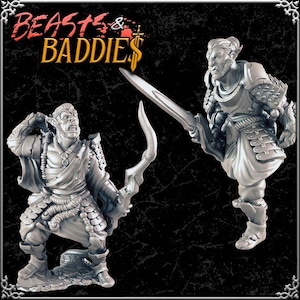 May include: Two gray fantasy figurines of humanoid creatures, one with a bow and the other with a sword. The figurines are detailed with armor and clothing. The text "BEASTS & BADDIES" is at the top.