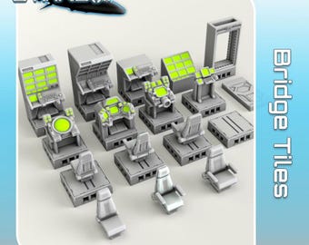 May include: A collection of gray miniature bridge tiles with green and white accents. The set includes consoles, chairs, and other control panel components. The word "STARSHIP" is at the top left, and "Bridge Tiles" is on the right.