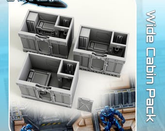 May include: A gray Wide Cabin Pack for a Starship, featuring three detailed cabin modules with beds, storage, and bathroom areas. The image includes a small detached panel and a futuristic figure in a blue suit.