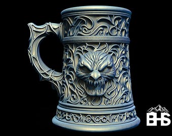 May include: A detailed, silver-colored beer stein with an ornate handle and a fierce wolf face design. The mug features intricate carvings and a decorative base, perfect for a fantasy or gothic theme.