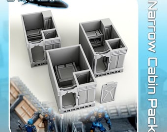 May include: A gray Starship Narrow Cabin Pack, featuring three miniature cabin models with beds and doors. The models are designed for tabletop gaming and are set against a futuristic backdrop with miniature figures.