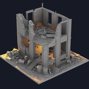 May include: A gray, miniature model of a two-story building in a state of disrepair. The structure has missing walls and a partially collapsed roof, with debris scattered around the base. The scene is lit with warm, golden light.