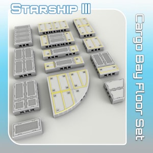 May include: A set of gray cargo bay floor pieces with yellow accents, labeled "STARSHIP III" and "Cargo Bay Floor Set." The pieces vary in size and shape, including rectangular and curved sections, designed for a spaceship interior.