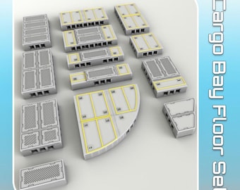 May include: A set of gray cargo bay floor pieces with yellow accents, labeled "STARSHIP III" and "Cargo Bay Floor Set." The pieces vary in size and shape, including rectangular and curved sections, designed for a spaceship interior.