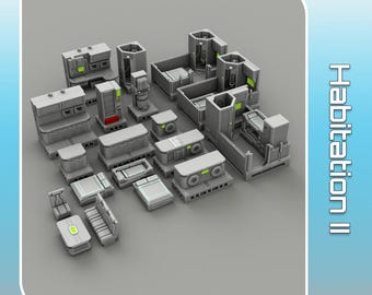 May include: A collection of gray, 3D-rendered modular structures labeled "Starship III Habitation II." The set includes various components like beds, tables, and wall units, with some featuring green illuminated accents. The overall design suggests a futuristic or sci-fi theme.