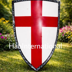 Escudo de caballero medieval de acero pintado a mano, decoración de cruz roja