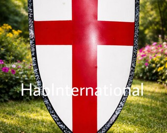 Hand Painted Steel Medieval Knight Shield, Red Cross Decor