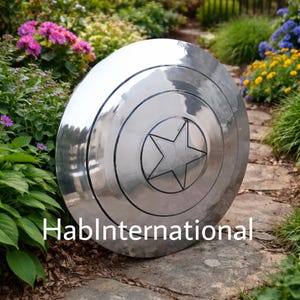 May include: A large, shiny, silver shield with a central star design and concentric circles. The shield is displayed outdoors, surrounded by greenery and flowers. The text "HablInternational" is visible at the bottom.