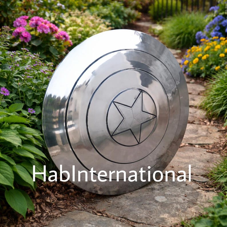 May include: A large, shiny, silver shield with a central star design and concentric circles. The shield is displayed outdoors, surrounded by greenery and flowers. The text "HablInternational" is visible at the bottom.