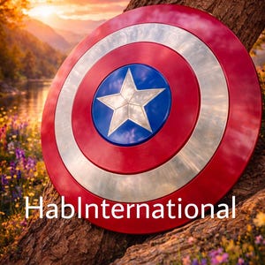 May include: A red, white, and blue shield with a star emblem, leaning against a tree trunk. The shield has a circular design with a silver outer ring and a blue center. The text "HablInternational" is at the bottom.