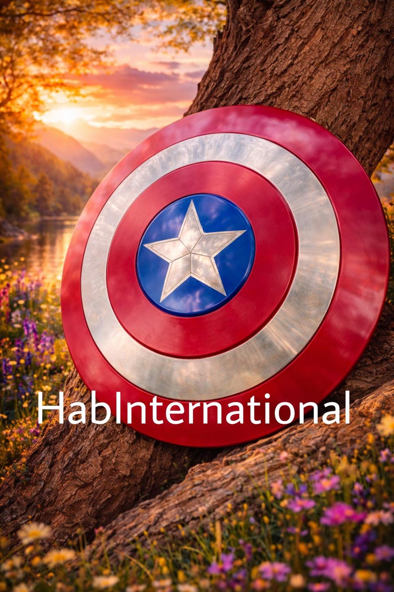 May include: A red, white, and blue shield with a star emblem, leaning against a tree trunk. The shield has a circular design with a silver outer ring and a blue center. The text "HablInternational" is at the bottom.