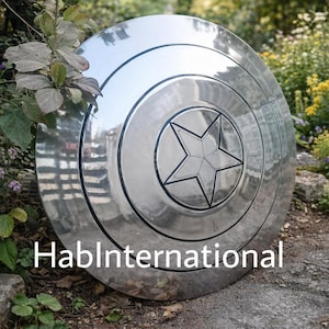 May include: A large, shiny, silver shield with a central star design and concentric circular patterns. The shield has a polished metal finish and is displayed outdoors. The text "HablInternational" is visible on the lower part of the shield.