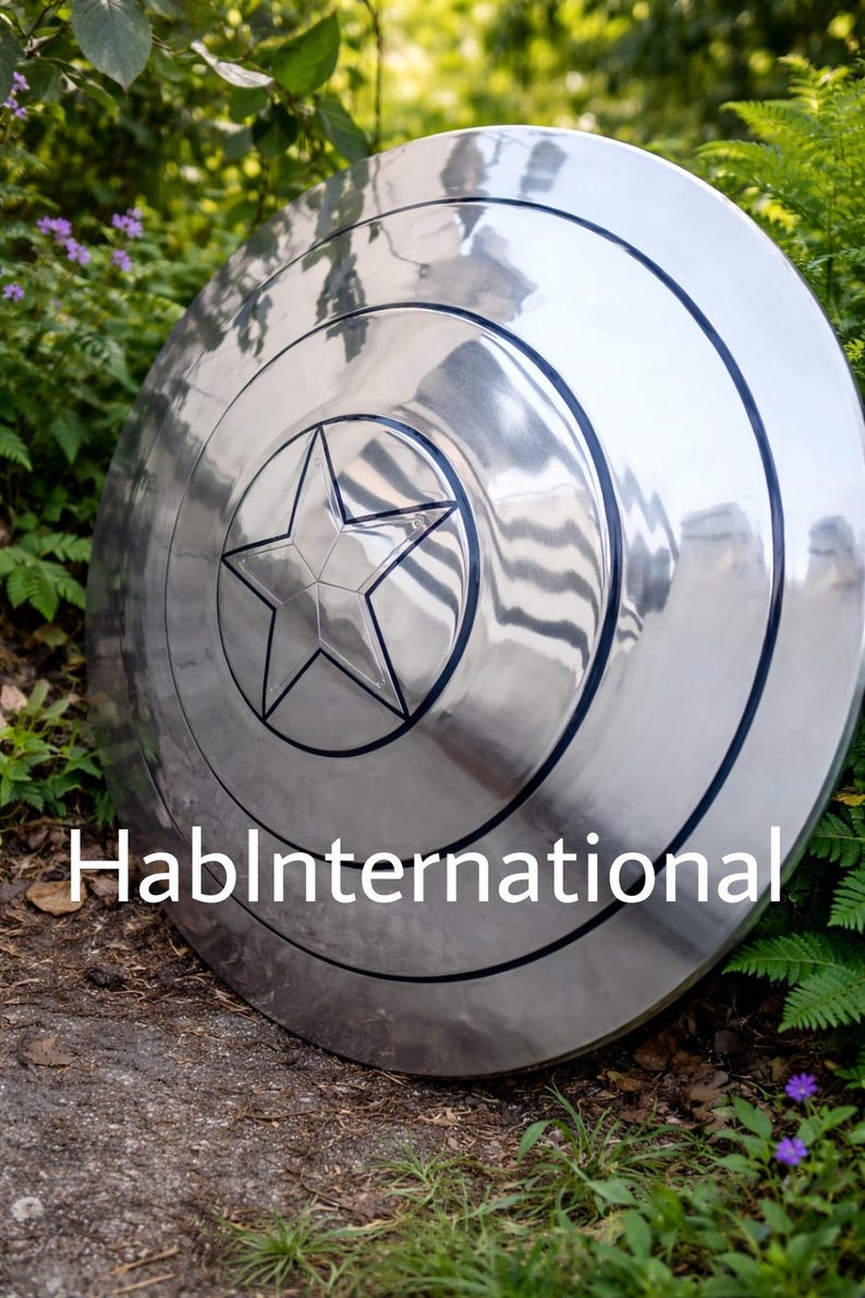 May include: A silver-colored shield with a central star design and concentric circles. The shield has a reflective surface and a black outline around the star. The text "HablInternational" is visible on the shield.