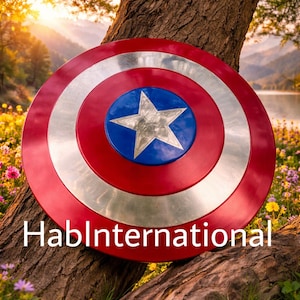 May include: A red, silver, and blue shield with a star emblem, leaning against a tree trunk. The shield has a circular design with the text "HablInternational" at the bottom. The background features a scenic view.