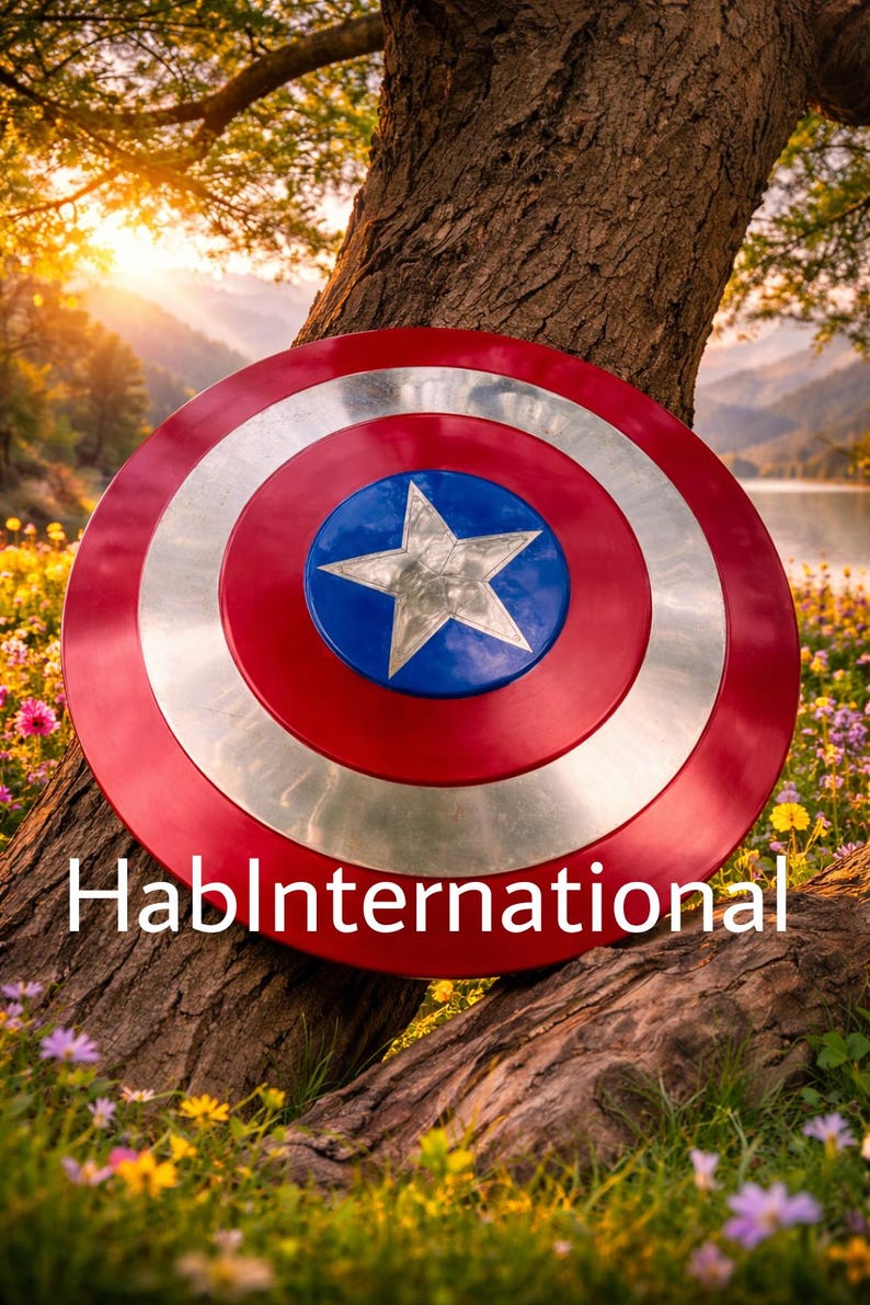 May include: A red, silver, and blue shield with a star emblem, leaning against a tree trunk. The shield has a circular design with the text "HablInternational" at the bottom. The background features a scenic view.