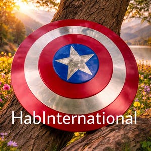 May include: A red, silver, and blue shield with a star emblem, leaning against a tree trunk. The shield has a circular design with the text "HablInternational" at the bottom. The background features a scenic view.