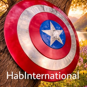May include: A red, white, and blue shield with a star emblem, reminiscent of a superhero's iconic accessory. The shield is circular with a silver band and a blue center with a white star. The text "HablInternational" is at the bottom.