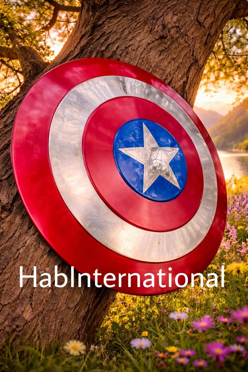 May include: A red, white, and blue shield with a star emblem, reminiscent of a superhero's iconic accessory. The shield is circular with a silver band and a blue center with a white star. The text "HablInternational" is at the bottom.