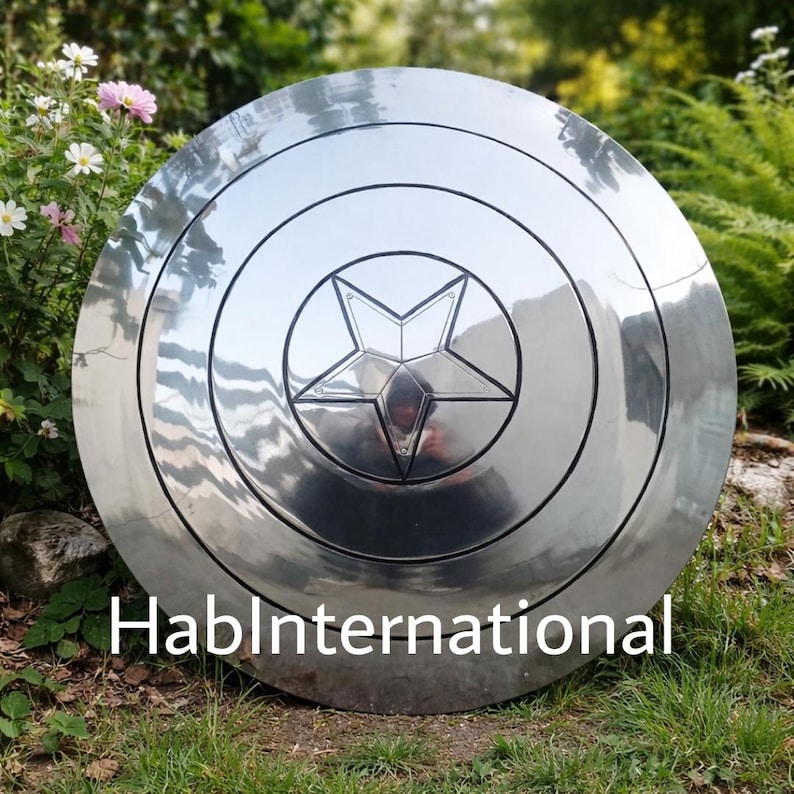 May include: A large, shiny, silver shield with a central star design and concentric circles. The shield has a reflective surface and is displayed outdoors on grass. The text "HablInternational" is visible at the bottom.