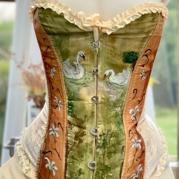 Hand Painted Swan Corset Top, Fairycore green Bustier, Regency Era Bodice, Handpainted Corset Ball Gown Top, Christmas Outfit Wearable Art